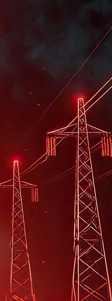 A dramatic scene featuring glowing red power lines against a dark, moody sky, creating a striking visual of electricity and energy.