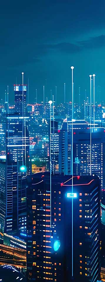 Vibrant cityscape at night with neon lights and digital network connections.